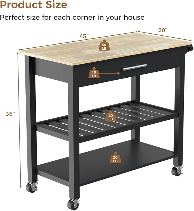 45" Kitchen Island Cart, 3 Tier Kitchen Island on Wheels with Storage Drawer, 2 Shelves & Towel Rack, Rolling Kitchen Island with Wood Top, Simple Design Island Table for Kitchen, Dark Black - LeafyLoom