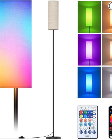Floor Lamps for Living Room, Modern Floor Lamp with RGB LEDs Bulb,Dimmable Floor Lamp with App Control & Remote Control,Tall Reading Lamp for Bedroom, Living Room, Office,Linen lampshade - LeafyLoom