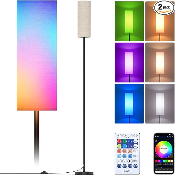 Floor Lamps for Living Room, Modern Floor Lamp with RGB LEDs Bulb,Dimmable Floor Lamp with App Control & Remote Control,Tall Reading Lamp for Bedroom, Living Room, Office,Linen lampshade - LeafyLoom