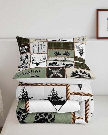 Rustic Farmhouse Kids Comforter Set Queen Size,Deer Antlers Bear Paws Plaids Patchwork Bedding Set for Boys Girls Adults Room Decor,Pine Trees Arrows Down Comforter,Retro Duvet Insert,2 Pillowcases - LeafyLoom