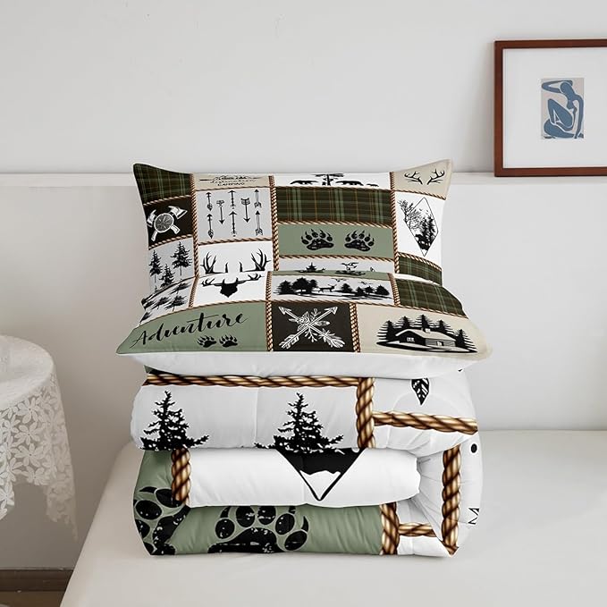 Rustic Farmhouse Kids Comforter Set Full Size,Deer Antlers Bear Paws Plaids Patchwork Bedding Set for Boys Girls Adults Room Decor,Pine Trees Arrows Down Comforter,Retro Duvet Insert,2 Pillowcases - LeafyLoom