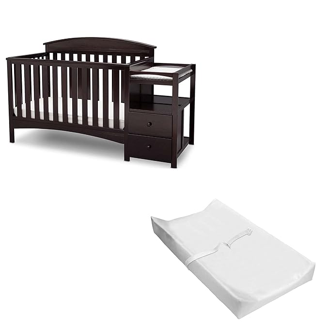 Delta Children Abby Convertible Crib 'N' Changer + Changing Pad and Cover [Bundle], Dark Chocolate - LeafyLoom
