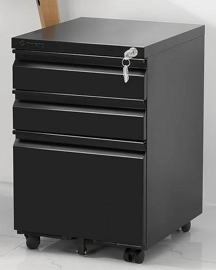 3-Drawer Mobile File Cabinets Rolling Metal Filing Cabinet for Legal & Letter File Anti-tilt Design with Lock Under Desk Office Drawers Fully Assembled Except Casters Black - LeafyLoom