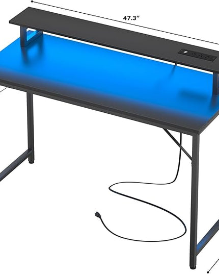 Computer Desk with USB Power Outlets and LED Lights, 47 inch Gaming desk with Monitor Stand for Small Space Home Office, Modern Simple Study Writing Table PC Desks, Black - LeafyLoom