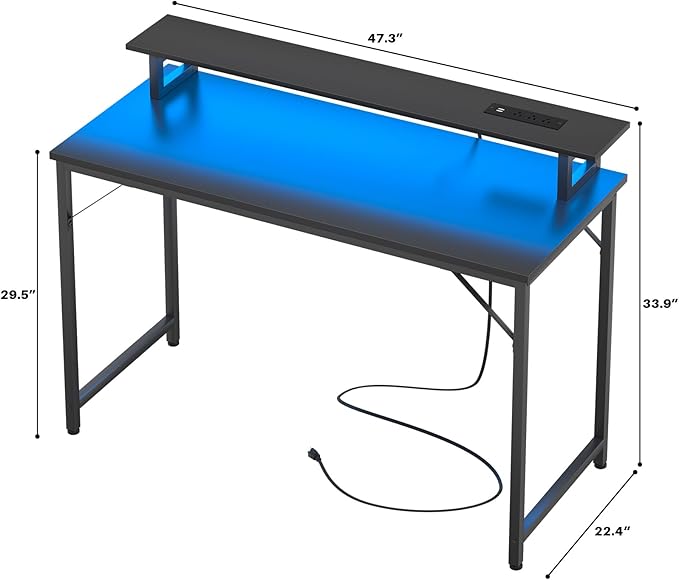 Computer Desk with USB Power Outlets and LED Lights, 47 inch Gaming desk with Monitor Stand for Small Space Home Office, Modern Simple Study Writing Table PC Desks, Black - LeafyLoom