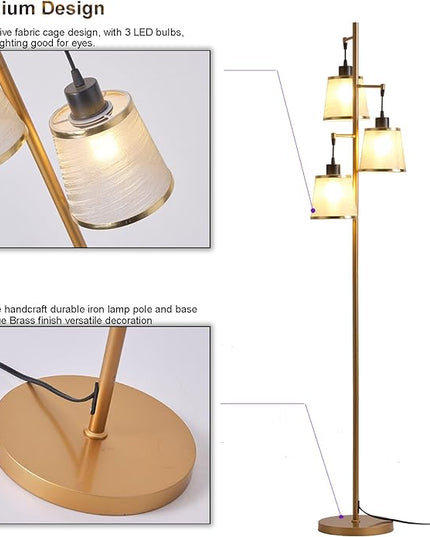 3 Lights Gold Floor Lamp, Mid Modern Standing Lamp Farmhouse with LED Bulbs & Elegant Lampshade, Tree Tall Lamp for Living Room, Bedroom, Office - Antique Brass - LeafyLoom
