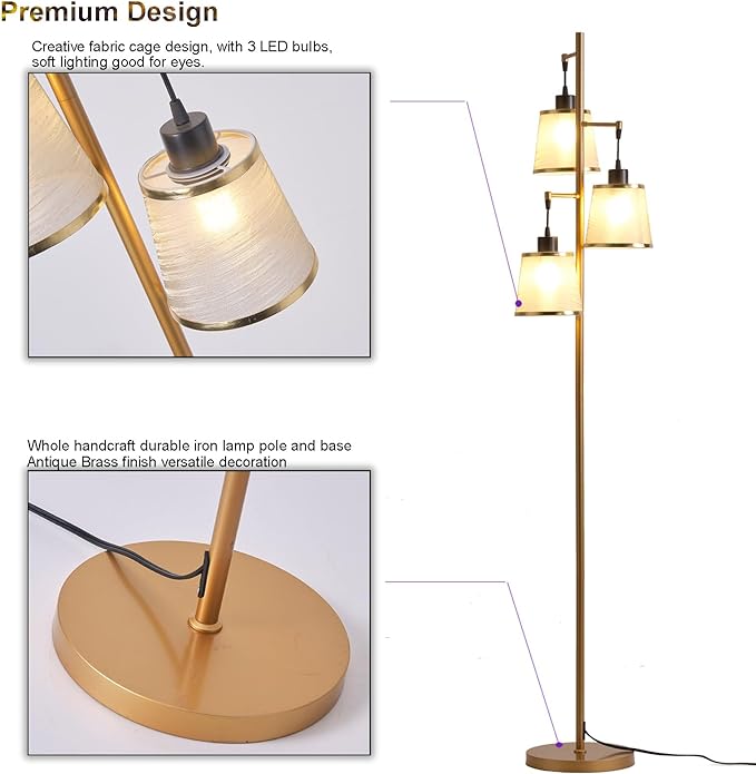 3 Lights Gold Floor Lamp, Mid Modern Standing Lamp Farmhouse with LED Bulbs & Elegant Lampshade, Tree Tall Lamp for Living Room, Bedroom, Office - Antique Brass - LeafyLoom