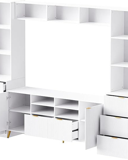 Merax 4-Piece Entertainment Wall Unit with 13 Shelves, 8 Drawers, and 2 Cabinets, Multifunctional TV Stand Media Storage Cabinet with Fluted Line Surface for Living Room, White - LeafyLoom