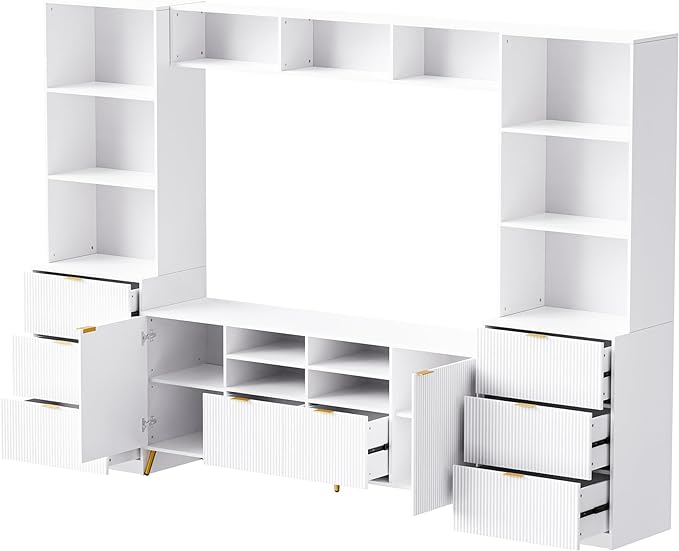 Merax 4-Piece Entertainment Wall Unit with 13 Shelves, 8 Drawers, and 2 Cabinets, Multifunctional TV Stand Media Storage Cabinet with Fluted Line Surface for Living Room, White - LeafyLoom