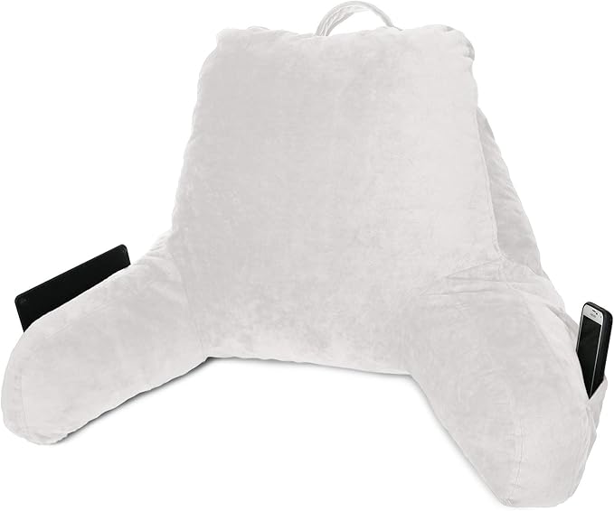 Clara Clark Reading Pillow, Standard Back Pillow for Sitting Up in Bed, Memory Foam Back Support Pillow, Reading Pillows for Sitting in Bed, White Sit Up Pillow for Bed Chair Arm Pillow with Pockets - LeafyLoom