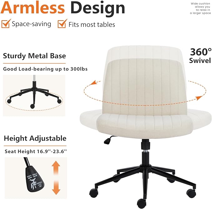 Sweetcrispy Criss Cross Office Chair with Wheels, Wide Armless Home Office Desk Chair with Dual-Purpose Base, Swivel Adjustable Fabric Task Vanity Computer Chair, Beige - LeafyLoom