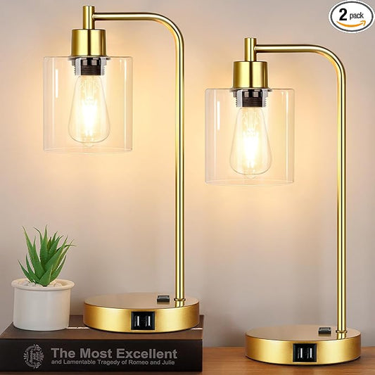 Industrial Touch Control Table Lamps Set of 2 - Gold Nightstand Bedside Lamps with 2 USB Ports & AC Outlet, 3-Way Dimmable Desk Lamp for Bedroom Living Room, Glass Shade & 2 LED Bulbs Included - LeafyLoom