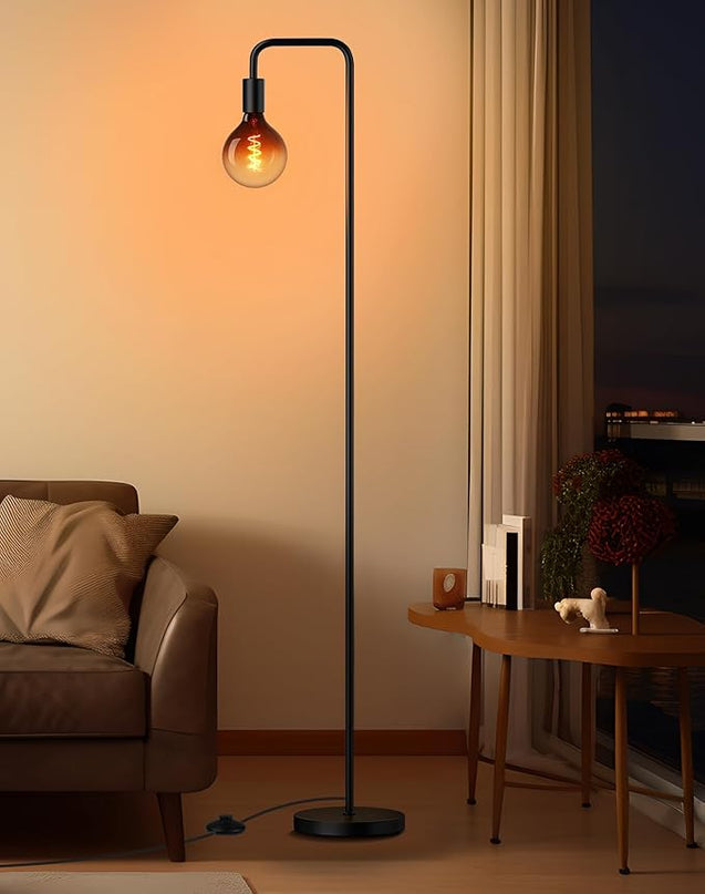 QiMH Floor Lamp for Living Room, Modern Industrial Standing Lamp with 8W LED Bulb, Clear Glass Globe 5", 2200K Warm Light Lighting 67" Minimalist Tall Floor Lamps for Bedroom Office Decor, Black - LeafyLoom