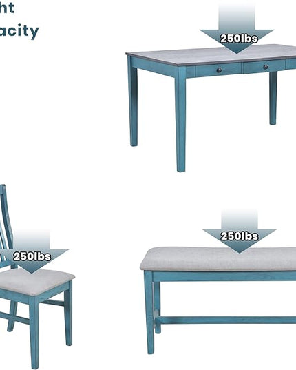 Mid-Century 6-Piece Wood Dining Table Set with Storage Drawer, Upholstered Chairs and Bench, Walnut Tabletop Kitchen Furniture for Living Room, Small Apartments, Antique Blue - LeafyLoom