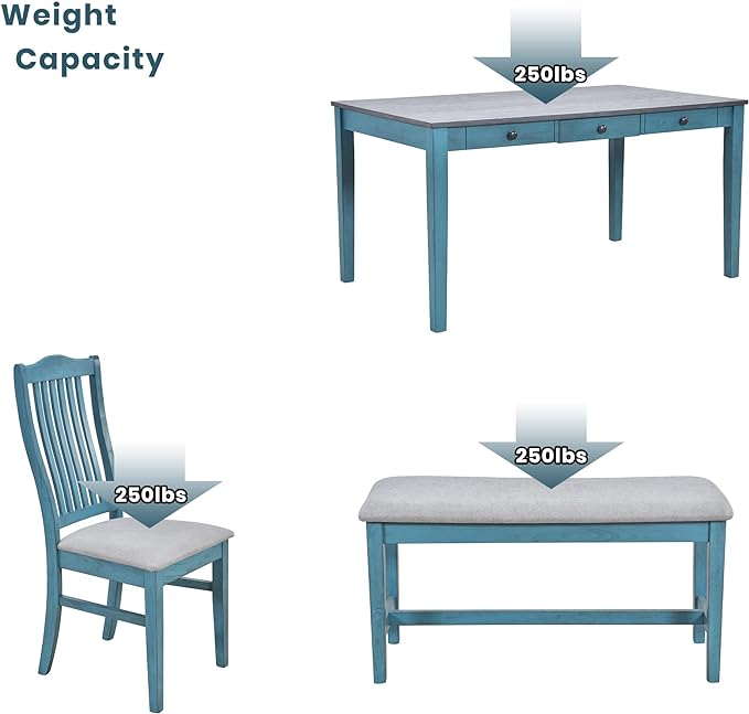 Mid-Century 6-Piece Wood Dining Table Set with Storage Drawer, Upholstered Chairs and Bench, Walnut Tabletop Kitchen Furniture for Living Room, Small Apartments, Antique Blue - LeafyLoom