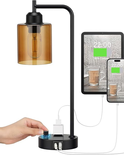 Industrial Small Desk Lamp for Nightstand - Amber Clear Glass Shade Table Lamp with USB C Port, Fully Dimmable Black Bedside Lamp with USB Port and Outlet, Bedroom Lamp for Reading Office - LeafyLoom