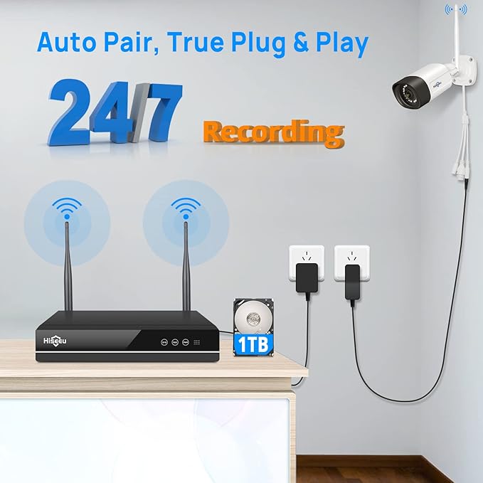 【Wireless Pro,Plug & Play】 Hiseeu 2.5K 5MP WiFi Security Camera System Outdoor,Expandable 16CH 8MP NVR, 1TB HDD,Spotlight,2 Way Audio, IP66 Waterproof, Motion Alert, DC Power Plug-in, 24/7 Recording Hiseeu