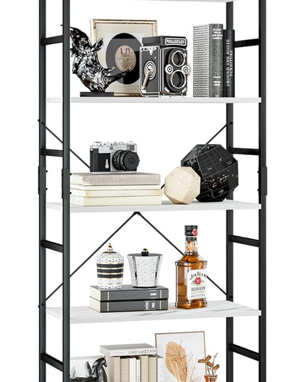 OTK 5 Tier Bookshelf, Tall Bookcase, Office Shelf Storage Organizer, Modern Book Shelf for Living Room, Bedroom, and Home Office, White Marble - LeafyLoom