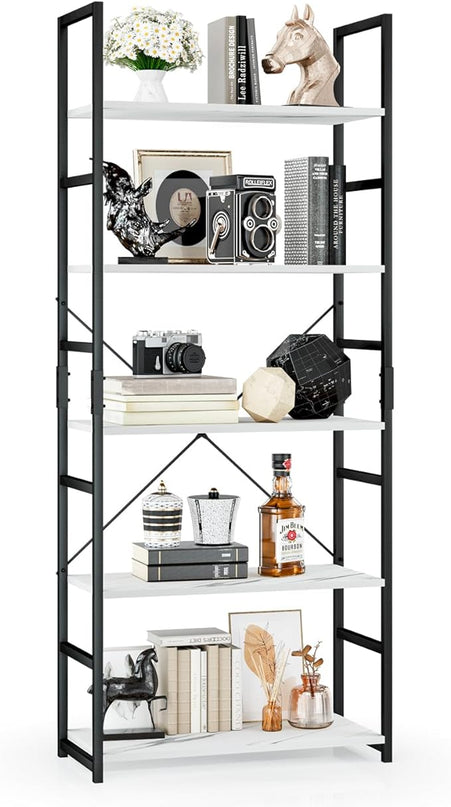 OTK 5 Tier Bookshelf, Tall Bookcase, Office Shelf Storage Organizer, Modern Book Shelf for Living Room, Bedroom, and Home Office, White Marble - LeafyLoom