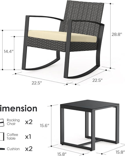 Patio Furniture Set Outdoor Wicker Bistro Set, Modern Rattan Patio Chairs Conversation Set with Coffee Table for Balcony Porch Garden Yard Poolside (3 Pieces, Beige) - LeafyLoom