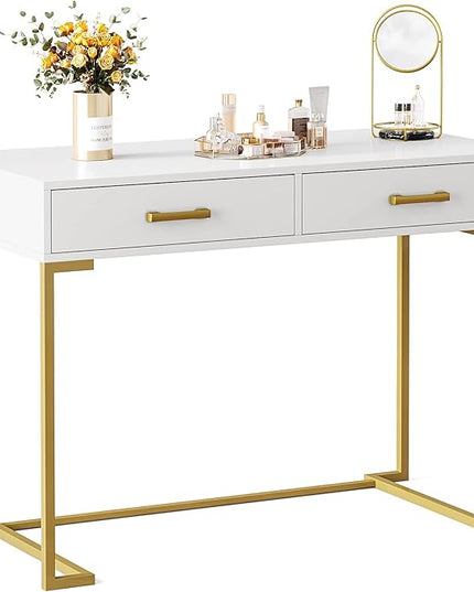 Computer Desk with 2 Drawers, Wooden Writing Desks for Home Office, White&Gold - LeafyLoom