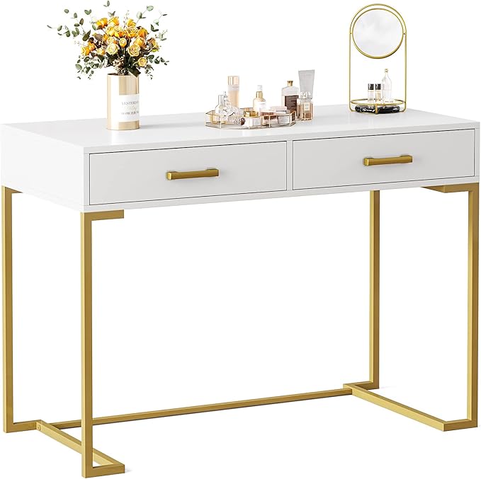 Computer Desk with 2 Drawers, Wooden Writing Desks for Home Office, White&Gold - LeafyLoom