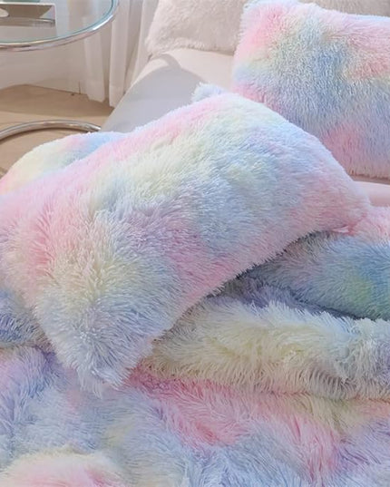 Faux Fur Kids Girls Sunshine Rainbow Comforter Sets Queen - 3PC Bed Set Warm Comfortable Soft Plush Flannel Velvet Fluffy Fuzzy Bedding（Comforter x 1 Pillowcases x 2） - LeafyLoom