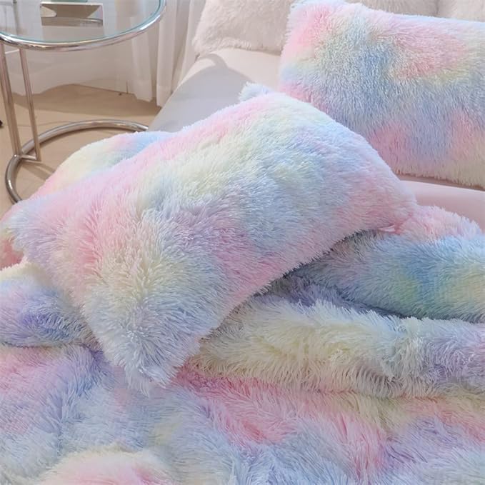 Faux Fur Kids Girls Sunshine Rainbow Comforter Sets Queen - 3PC Bed Set Warm Comfortable Soft Plush Flannel Velvet Fluffy Fuzzy Bedding（Comforter x 1 Pillowcases x 2） - LeafyLoom