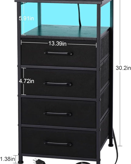 Nightstands Set of 2, Large End Tables Living Room, Bed Side Tables with Charging Station, 30" Tall Night Stand with 4 Fabric Drawers and LED Light Strip for Bedroom FBAHNS014BK - LeafyLoom