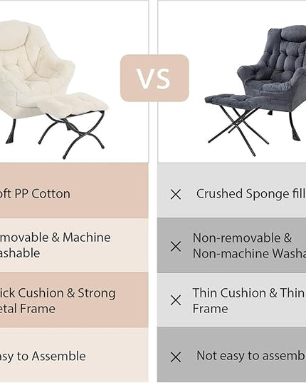 Lazy Chair with Ottoman, Modern Chair with Folding Footrest, Lounge Accent Chair, Comfortable Reading Chair for Bedroom, Study, Living Room, Courtyard (Plush Beige) - LeafyLoom