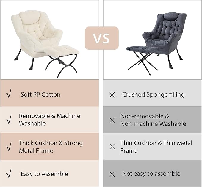 Lazy Chair with Ottoman, Modern Chair with Folding Footrest, Lounge Accent Chair, Comfortable Reading Chair for Bedroom, Study, Living Room, Courtyard (Plush Beige) - LeafyLoom