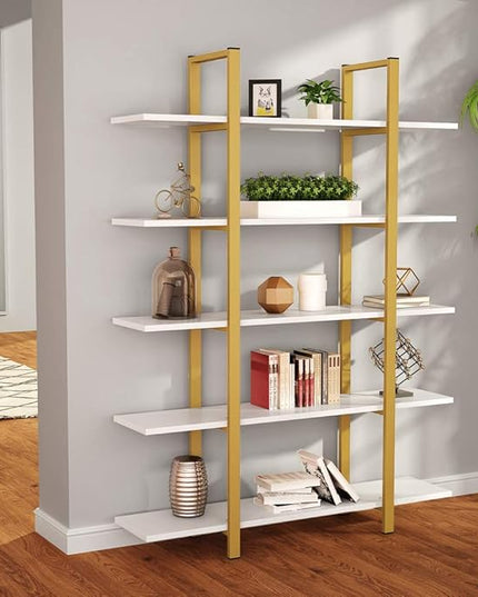 Tribesigns 5-Tier Bookshelf, Vintage Industrial Style Bookcase 70 ‘’ H x 12’’ W x 47’’L, Gold - LeafyLoom