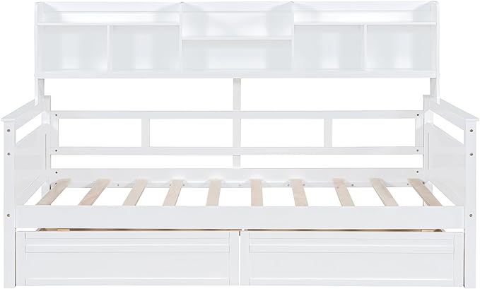 Merax Wood Daybed with with Bedside Shelves and Two Drawers, Twin Size Sofa Bed Frame for Kids Teens Adults, No Box Spring Needed White - LeafyLoom