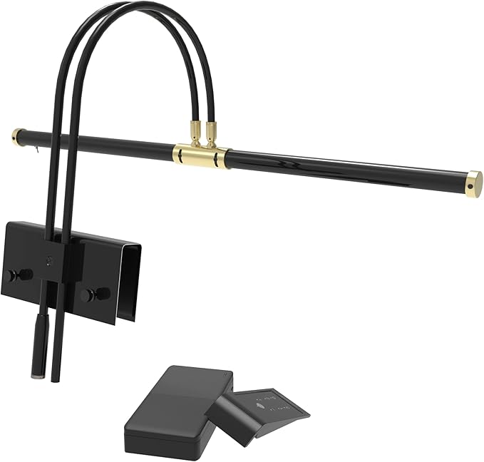 Cocoweb 22" Grand Piano Lamp, LED, Adjustable, Quality Lighting in Black with Brass Accents, with Rechargeable Battery Pack - GPLEDV-22D-BP4 - LeafyLoom
