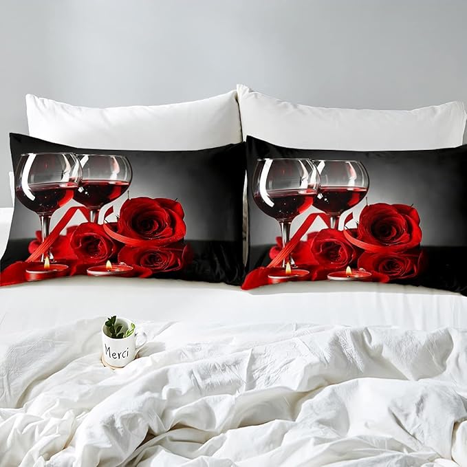 Erosebridal Rose Wine Glass Comforter Set for Girls Red Black Rose Bedding Set Full Size Floral Blossom Quilt Set Banquet Flower Romantic Valentine's Day Duvet Set, Women Men Adult Grey Comforter Set - LeafyLoom
