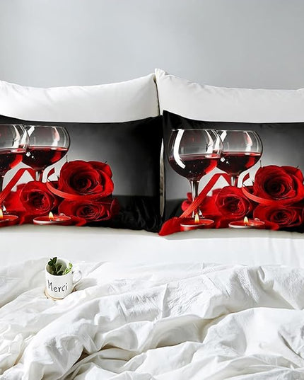 Erosebridal Rose Wine Glass Comforter Set for Girls Red Black Rose Bedding Set Twin Size Floral Blossom Quilt Set Banquet Flower Romantic Valentine's Day Duvet Set, Women Men Adult Grey Comforter Set - LeafyLoom