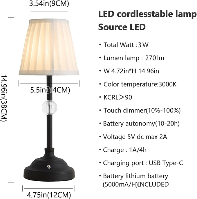 Modern Cordless Table Lamps,5000mAh Rechargeable Battery Operated lamp,Portable Fabric Shade Table Lamps,Black Desk Lamp LED 3000K with Dimming Touch Control for Restaurant/Bars/Bedroom/Living Room - LeafyLoom