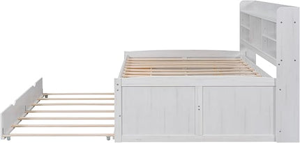 Full Captains Bed with 3 Storage Drawers and Trundle, Wood Daybed with Built-in Bookshelves for Bedroom Living Room, White - LeafyLoom