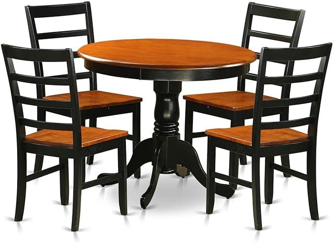East West Furniture Antique 5 Piece Room Set includes a Round Kitchen Table with Pedestal and 4 Dining Chairs, 36x36 Inch, ANPF5-BLK-W - LeafyLoom