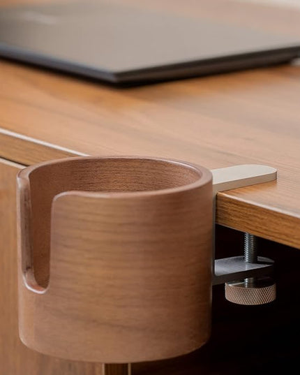 urbanplus Desk Cup Holder, Anti-Spill Walnut Wood Cup Holder for Desk with Aluminium Clamp, Office Desk Accessories, Gaming Desk Accessories, Computer Desk Accessories - LeafyLoom