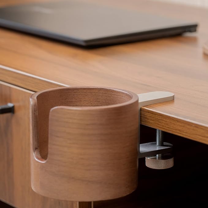 urbanplus Desk Cup Holder, Anti-Spill Walnut Wood Cup Holder for Desk with Aluminium Clamp, Office Desk Accessories, Gaming Desk Accessories, Computer Desk Accessories - LeafyLoom