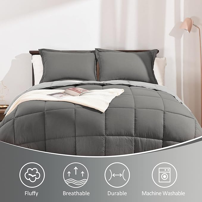 Basic Beyond Twin Comforter Set for Girls and Boys - Fluffy Twin Bed Comforter Set for All Seasons - Reversible Dark Grey Comforter Set - 2 Pieces (1 Comforter + 1 Pillow Sham) - Dark Gray/Grey - LeafyLoom