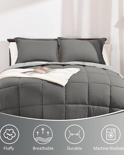 Basic Beyond Queen Comforter Set - Fluffy Comforter Queen Set for All Seasons - Reversible Dark Grey Comforter Set for Mens - 3 Pieces (1 Comforter + 2 Pillow Shams) - Dark Gray/Grey - LeafyLoom