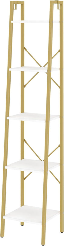 Ladder Shelf, Bookshelf Bookcase, Freestanding Corner Storage Shelve with 2 Hooks for Home Office, Living Room, Kitchen, Bedroom, Industrial, 5-Tier White Gold BC03213G - LeafyLoom