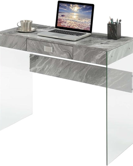 Convenience Concepts SoHo 1 Drawer Glass 36 inch Desk, Gray Faux Marble/Glass - LeafyLoom