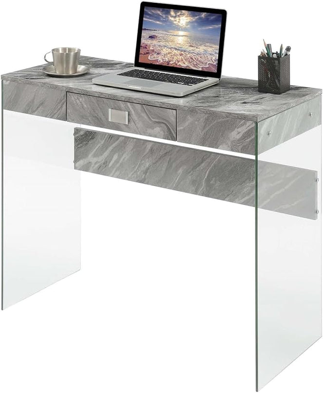 Convenience Concepts SoHo 1 Drawer Glass 36 inch Desk, Gray Faux Marble/Glass - LeafyLoom
