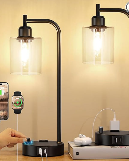 Industrial Nightstand Lamps for Bedrooms Set of 2 - Fully Dimmable Bedside Lamps with USB A C Ports and Outlet, Black Table Lamps with Clear Glass Shade for Living Room, Desk Lamps for Office Reading - LeafyLoom