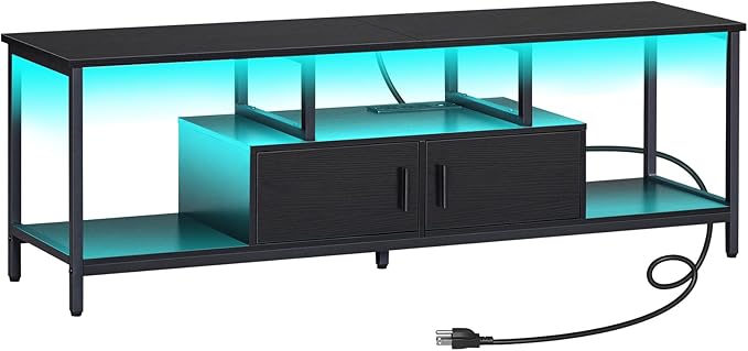 HOOBRO TV Stand with LED Light and Power Outlets for TVs up to 65 Inch, TV Media Console with Double-Door Cabinet, Gaming Entertainment Center for Living Room Bedroom, Black BB148UDS01 - LeafyLoom