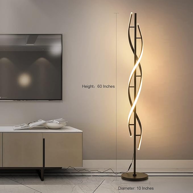 Spiral LED Floor Lamp for Bedroom,Modern Floor Lamp with Remote Control 60 Inch Dimmable Black Floor Lamp 48W Standing Lamp Timing 3 Color Temperature Corner Floor Lamps for Living Room - LeafyLoom