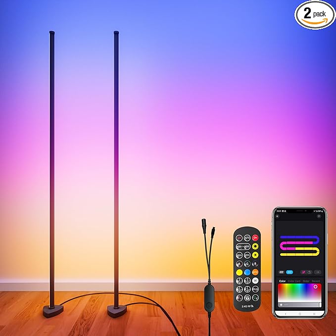 Corner Floor Lamp, Synced Dual Lights LED Control Floor Lamp RGB+ICW Light 56" Smart LED Corner Lamp App and Remote for Living Room Gaming Bedroom and Etc.(1 Pair) - LeafyLoom